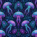 neon jellyfish, bioluminescent, deep navy blue, purple, cyan blue, magenta pink, neon pink, glowing, ocean themed, underwater, marine life, sea creatures, jellyfish pattern, symmetrical, psychedelic, abstract, whimsical, modern, bohemian, celestial vibes, glow in the dark aesthetic, tropical, aquatic, ethereal, cosmic, dreamy, vibrant, bold colors, dark background, intricate details