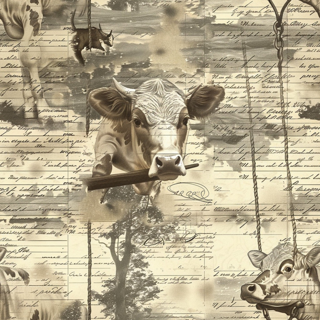 sepia toned, vintage style, dairy cows, farm animals, handwritten script, pastoral scene, trees silhouettes,, fabric panel, rustic charm, countryside theme, brown tones, cream background, livestock imagery, agricultural motif, farmhouse aesthetic, nostalgic mood, rural life, cattle portraits, weathered texture