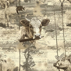 sepia toned, vintage style, dairy cows, farm animals, handwritten script, pastoral scene, trees silhouettes,, fabric panel, rustic charm, countryside theme, brown tones, cream background, livestock imagery, agricultural motif, farmhouse aesthetic, nostalgic mood, rural life, cattle portraits, weathered texture