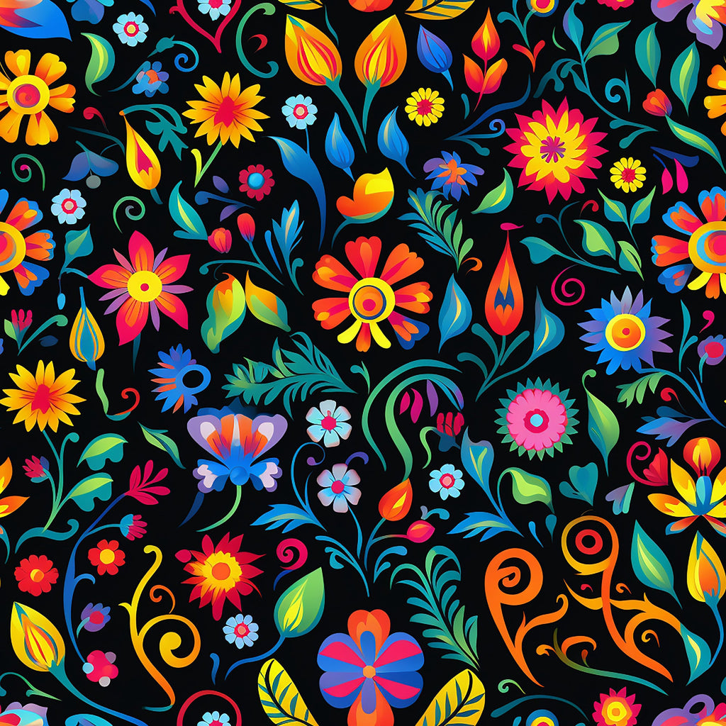 mexican floral, vibrant colors, black background, rainbow flowers, folk art, decorative swirls, bright blooms, multi-colored petals,, fabric panel, festive pattern, colorful leaves, ornamental design, cheerful motifs, craft fabric, sewing material, floral fiesta, botanical elements, vivid hues