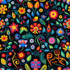 mexican floral, vibrant colors, black background, rainbow flowers, folk art, decorative swirls, bright blooms, multi-colored petals,, fabric panel, festive pattern, colorful leaves, ornamental design, cheerful motifs, craft fabric, sewing material, floral fiesta, botanical elements, vivid hues