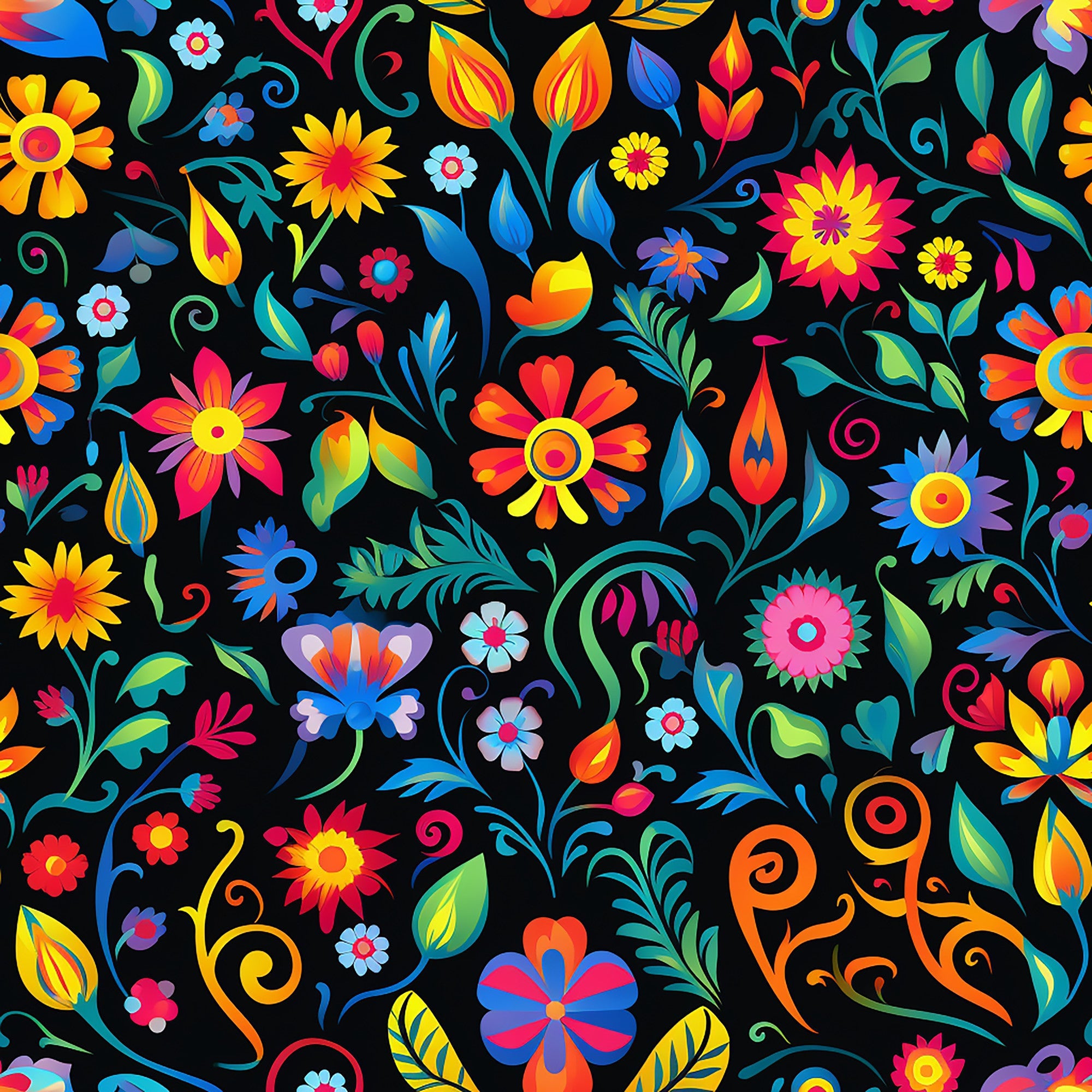 mexican floral, vibrant colors, black background, rainbow flowers, folk art, decorative swirls, bright blooms, multi-colored petals,, fabric panel, festive pattern, colorful leaves, ornamental design, cheerful motifs, craft fabric, sewing material, floral fiesta, botanical elements, vivid hues