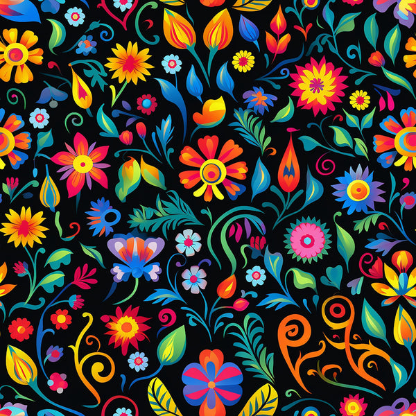 mexican floral, vibrant colors, black background, rainbow flowers, folk art, decorative swirls, bright blooms, multi-colored petals,, fabric panel, festive pattern, colorful leaves, ornamental design, cheerful motifs, craft fabric, sewing material, floral fiesta, botanical elements, vivid hues