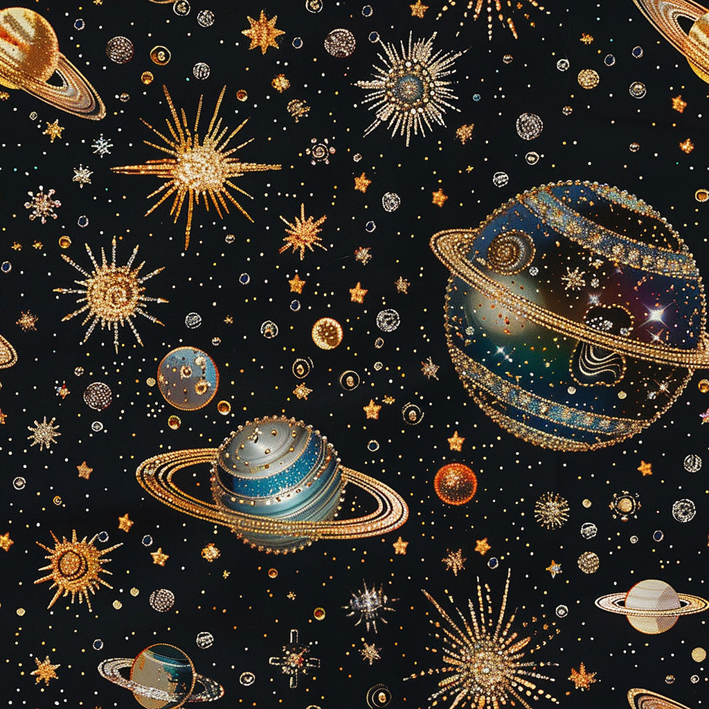 black background, gold accents, celestial theme, planets, stars, sun motifs, cosmic design, space pattern,, fabric panel, metallic details, astronomy inspired, navy blue, bronze tones, silver highlights, scattered stars, ringed planets, radiating suns, mystical atmosphere, cotton fabric