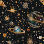 black background, gold accents, celestial theme, planets, stars, sun motifs, cosmic design, space pattern,, fabric panel, metallic details, astronomy inspired, navy blue, bronze tones, silver highlights, scattered stars, ringed planets, radiating suns, mystical atmosphere, cotton fabric