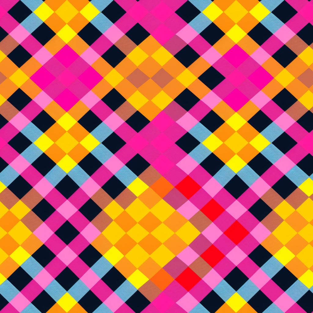 neon colors, bright pink, electric yellow, orange, black, light blue, red, gingham pattern, checkered design, geometric shapes, diamond pattern, vibrant colors, fluorescent hues,, fabric panel, modern design, contemporary style, eye-catching, pixelated effect, retro vibes