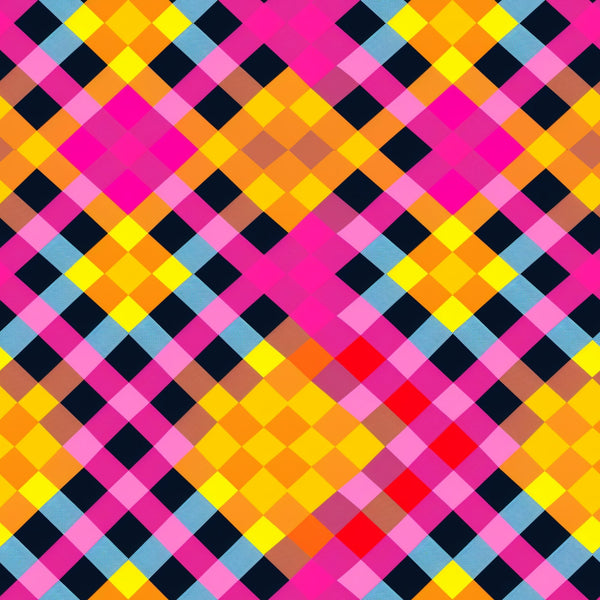 neon colors, bright pink, electric yellow, orange, black, light blue, red, gingham pattern, checkered design, geometric shapes, diamond pattern, vibrant colors, fluorescent hues,, fabric panel, modern design, contemporary style, eye-catching, pixelated effect, retro vibes