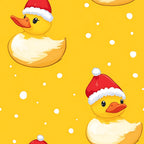 bright yellow, golden yellow, red santa hats, white pom poms, rubber ducks, bath toys, christmas ducks, holiday ducks, cute ducks, orange beaks, white bubbles, soap bubbles, festive pattern, holiday theme, christmas crafting,, fabric panel, cheerful design, playful mood, cartoon style