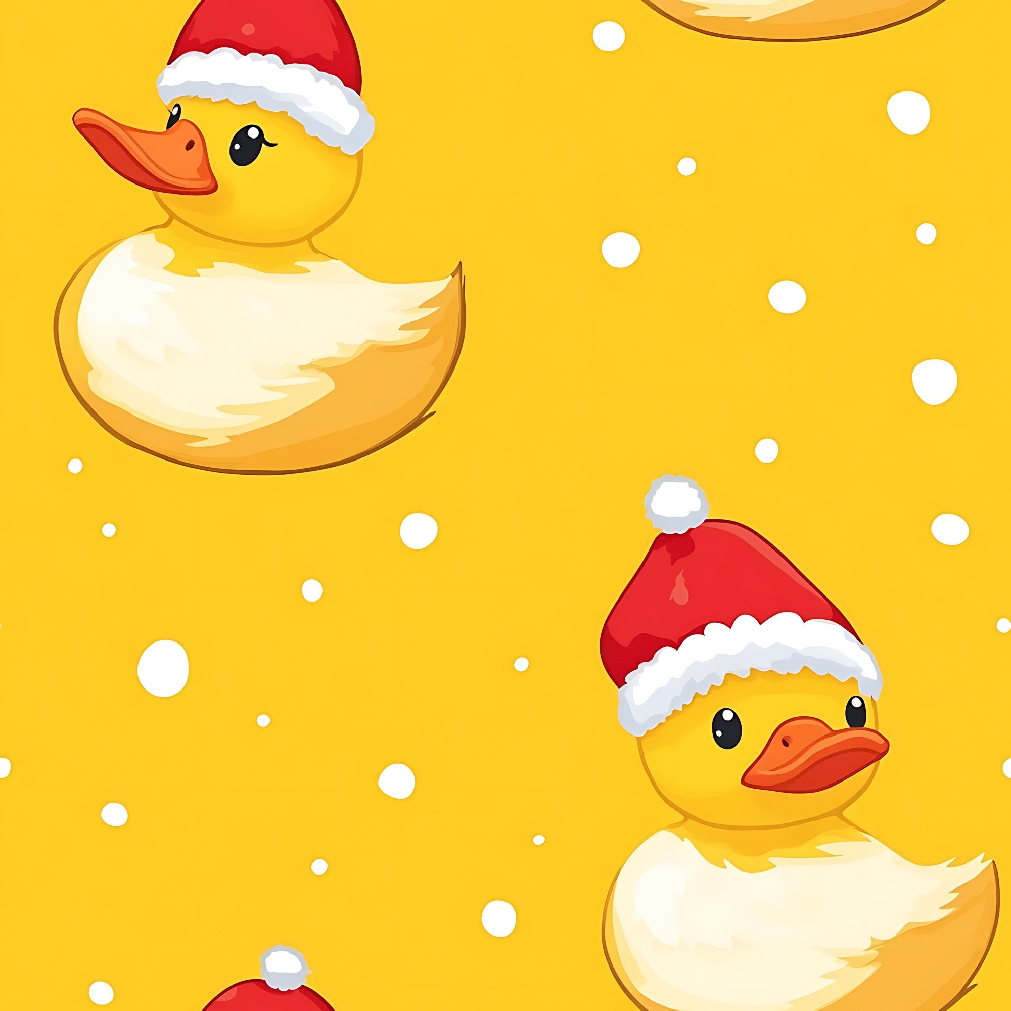 bright yellow, golden yellow, red santa hats, white pom poms, rubber ducks, bath toys, christmas ducks, holiday ducks, cute ducks, orange beaks, white bubbles, soap bubbles, festive pattern, holiday theme, christmas crafting,, fabric panel, cheerful design, playful mood, cartoon style