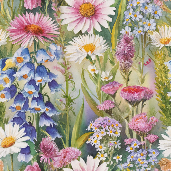 wildflowers, botanical illustration, watercolor style, pink flowers, blue flowers, white daisies, purple blooms, lavender, forget-me-nots, asters, delicate petals, garden flowers, nature scene, soft pastels,, fabric panel, floral pattern, meadow flowers, spring blooms, artistic rendering