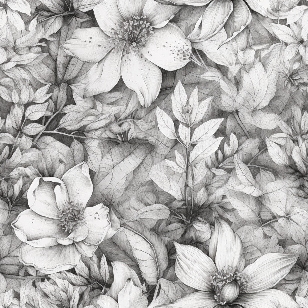 grayscale, black and white, monochrome, floral, botanical, flowers, nature, elegant, detailed, fine art, drawing style, sketch style, illustrated, garden, blooming, petals, stamens, leaf detail, foliage, delicate, romantic, vintage botanical, classical, sophisticated, spring, summer, timeless, artistic, line work, intricate details