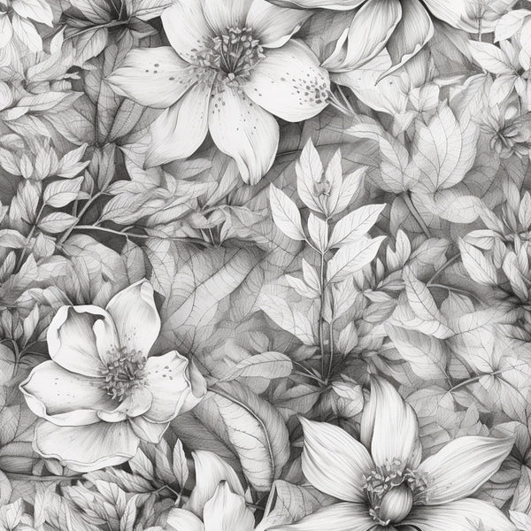 grayscale, black and white, monochrome, floral, botanical, flowers, nature, elegant, detailed, fine art, drawing style, sketch style, illustrated, garden, blooming, petals, stamens, leaf detail, foliage, delicate, romantic, vintage botanical, classical, sophisticated, spring, summer, timeless, artistic, line work, intricate details