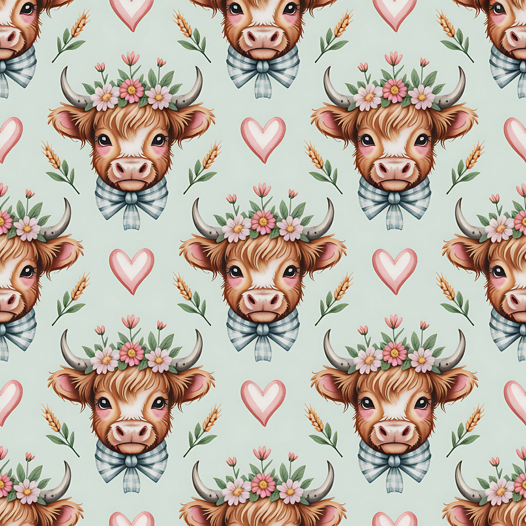 highland cow, cow faces, floral crown, pink hearts, striped bow tie, brown fur, pink flowers, green leaves, wheat stalks, pastoral pattern, farm animals, cottage core,, fabric panel, repeating pattern, soft pastels, mint green background, adorable cows, country charm, whimsical design