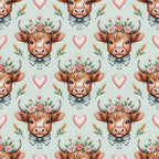 highland cow, cow faces, floral crown, pink hearts, striped bow tie, brown fur, pink flowers, green leaves, wheat stalks, pastoral pattern, farm animals, cottage core,, fabric panel, repeating pattern, soft pastels, mint green background, adorable cows, country charm, whimsical design