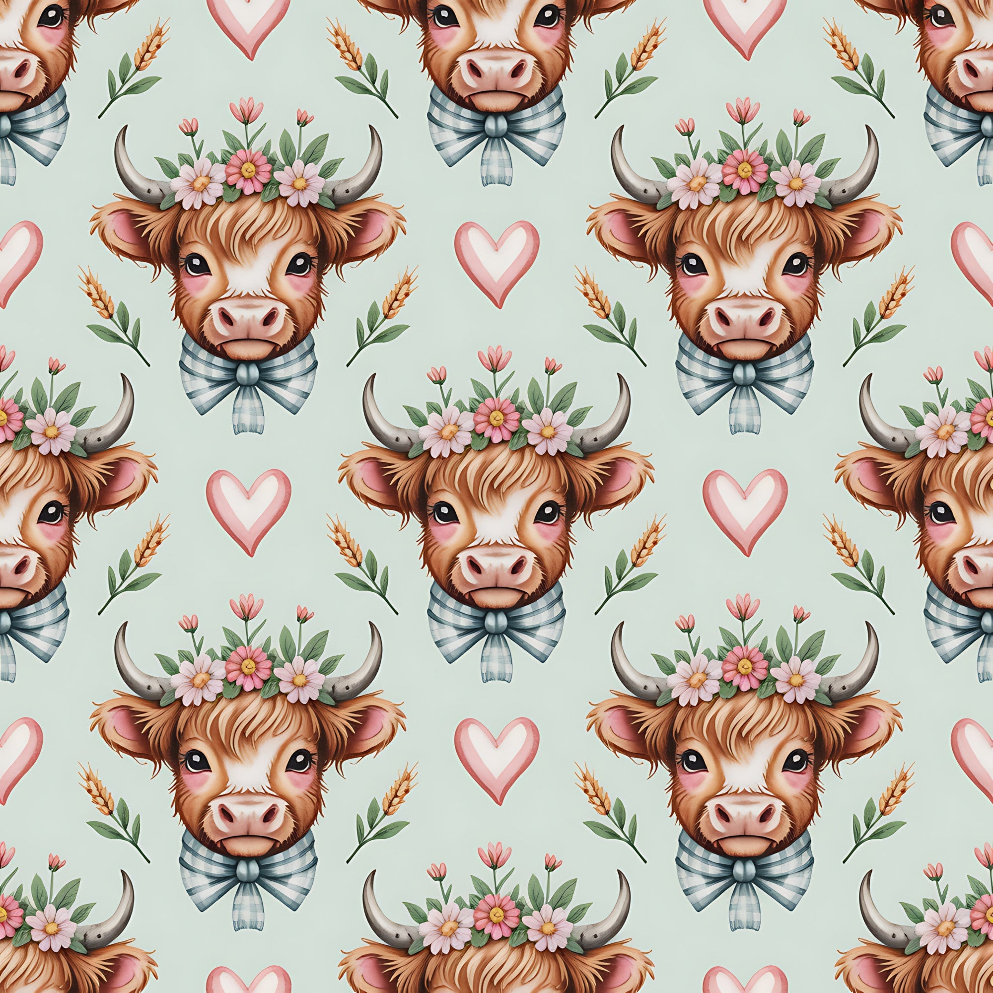 highland cow, cow faces, floral crown, pink hearts, striped bow tie, brown fur, pink flowers, green leaves, wheat stalks, pastoral pattern, farm animals, cottage core,, fabric panel, repeating pattern, soft pastels, mint green background, adorable cows, country charm, whimsical design