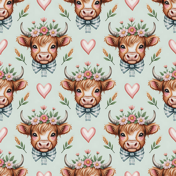 highland cow, cow faces, floral crown, pink hearts, striped bow tie, brown fur, pink flowers, green leaves, wheat stalks, pastoral pattern, farm animals, cottage core,, fabric panel, repeating pattern, soft pastels, mint green background, adorable cows, country charm, whimsical design