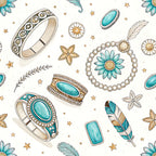 turquoise, gold, cream, teal, tan, floral, celestial, stars, feathers, jewelry, rings, bracelets, gemstones, bohemian, whimsical, elegant, nature-inspired, boho, vintage, glamorous, turquoise stones, pearl beads, decorative flowers, daisies, four-leaf clovers, ornamental, magical, dreamy, botanical, precious stones