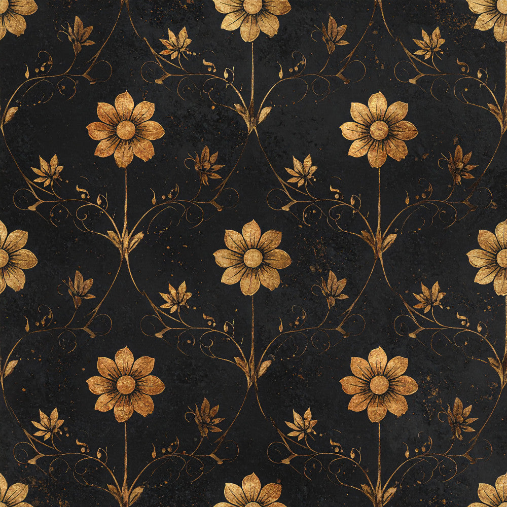 gold flowers, black background, floral pattern, vintage style, elegant design, botanical motifs, damask inspired, ornamental vines, scrolling tendrils, metallic gold, dark floral, traditional pattern, classical style, decorative flowers, antique aesthetic, luxurious feel, intricate details, nature inspired, timeless design, sophisticated pattern, distressed finish, ornate botanical, golden petals, baroque style, formal elegance, heirloom quality, victorian inspired, romantic vintage