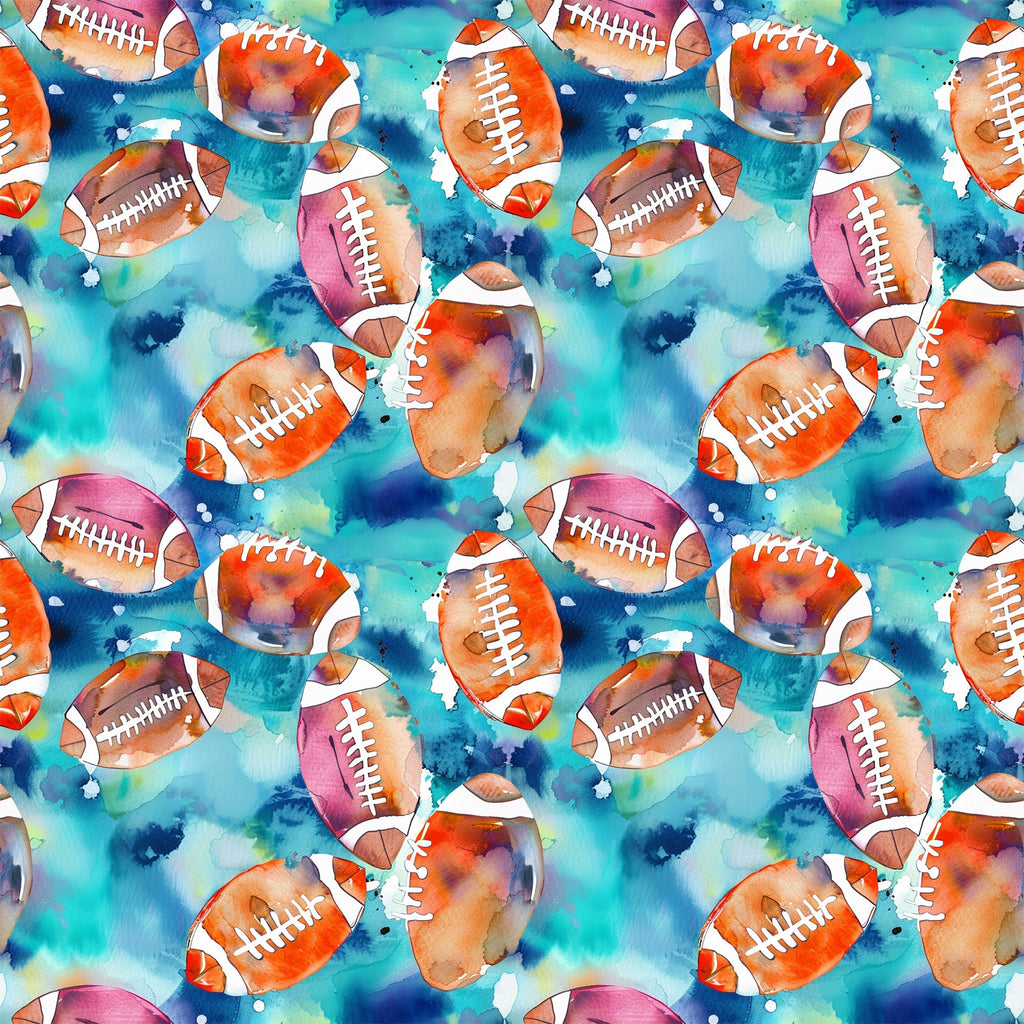 watercolor footballs, blue background, orange footballs, pink footballs, purple footballs, athletic pattern, sports theme, watercolor style,, fabric panel, repeating pattern, splatter effects, white lacing, vibrant colors, teal blue, magenta, artistic design, cotton fabric, sports motif, watercolor technique