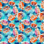 watercolor footballs, blue background, orange footballs, pink footballs, purple footballs, athletic pattern, sports theme, watercolor style,, fabric panel, repeating pattern, splatter effects, white lacing, vibrant colors, teal blue, magenta, artistic design, cotton fabric, sports motif, watercolor technique