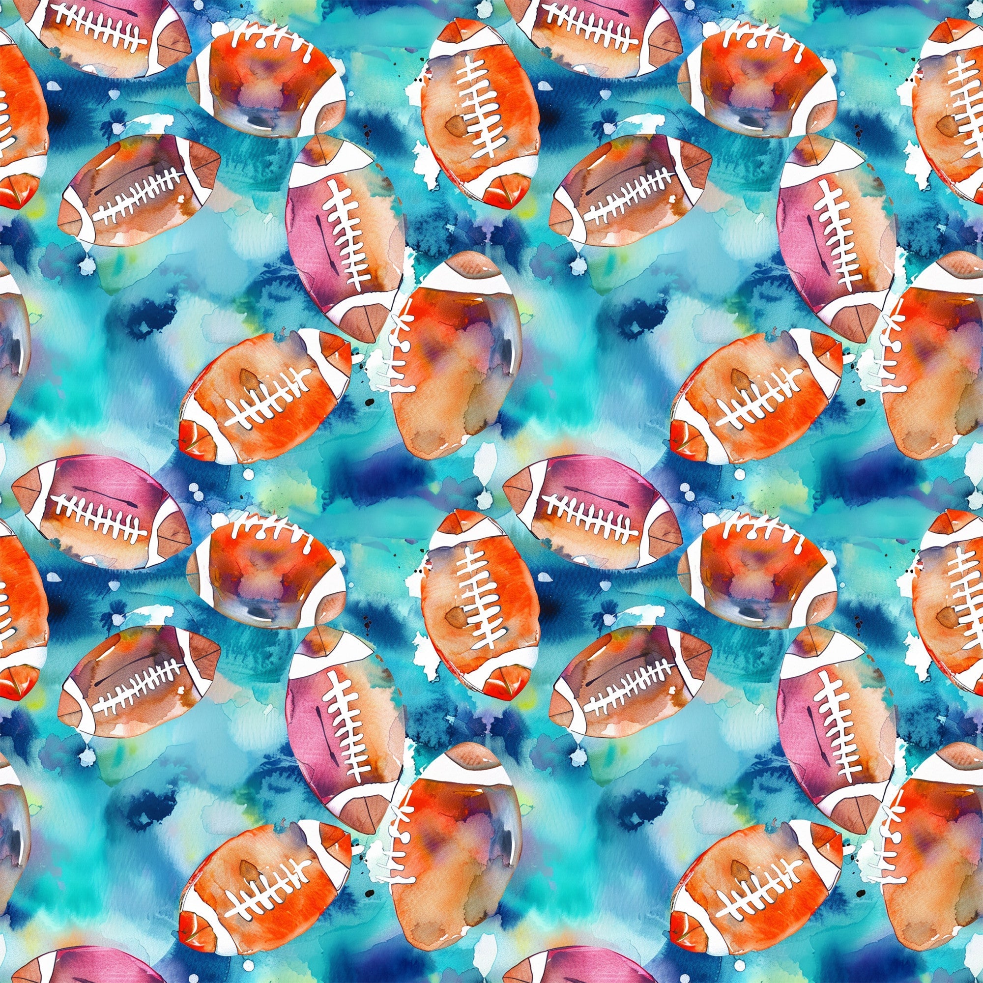 watercolor footballs, blue background, orange footballs, pink footballs, purple footballs, athletic pattern, sports theme, watercolor style,, fabric panel, repeating pattern, splatter effects, white lacing, vibrant colors, teal blue, magenta, artistic design, cotton fabric, sports motif, watercolor technique
