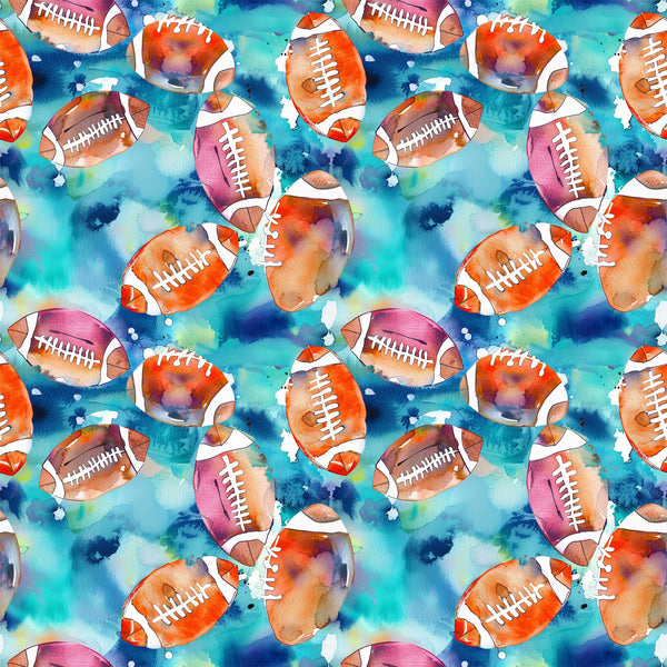 watercolor footballs, blue background, orange footballs, pink footballs, purple footballs, athletic pattern, sports theme, watercolor style,, fabric panel, repeating pattern, splatter effects, white lacing, vibrant colors, teal blue, magenta, artistic design, cotton fabric, sports motif, watercolor technique