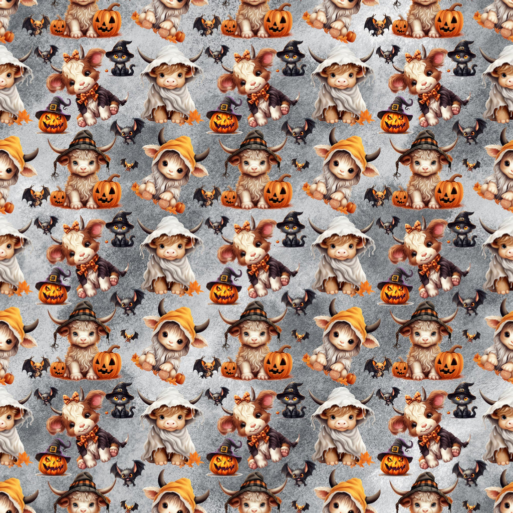 halloween fabric, highland cows, cartoon animals, orange pumpkins, witch hats, ghost costumes, black cats, flying bats, autumn leaves,, fabric panel, repeating pattern, cute characters, spooky theme, brown cows, gray background, seasonal design, craft fabric, sewing material, halloween decorations