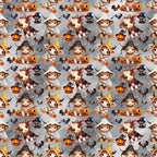 halloween fabric, highland cows, cartoon animals, orange pumpkins, witch hats, ghost costumes, black cats, flying bats, autumn leaves,, fabric panel, repeating pattern, cute characters, spooky theme, brown cows, gray background, seasonal design, craft fabric, sewing material, halloween decorations