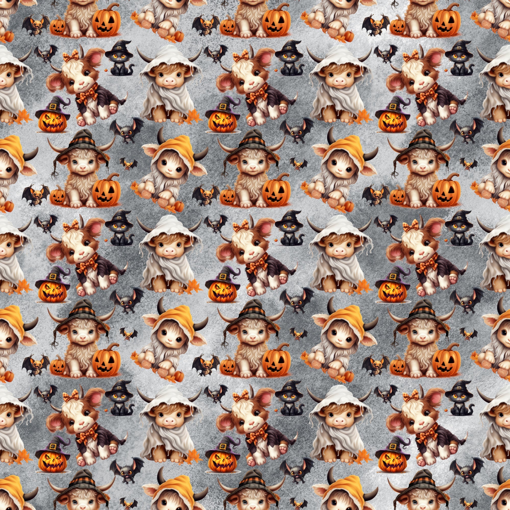 halloween fabric, highland cows, cartoon animals, orange pumpkins, witch hats, ghost costumes, black cats, flying bats, autumn leaves,, fabric panel, repeating pattern, cute characters, spooky theme, brown cows, gray background, seasonal design, craft fabric, sewing material, halloween decorations