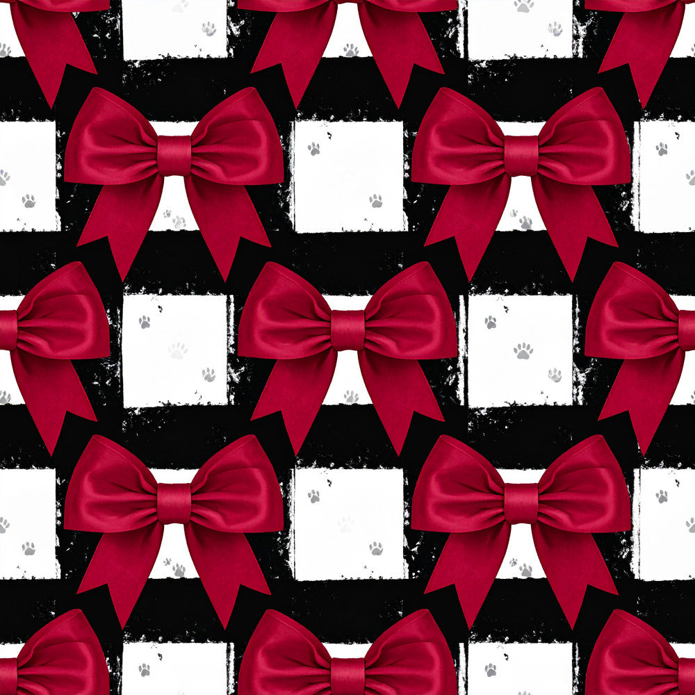 crimson red, hot pink, black and white, striped, geometric, bows, ribbons, paw prints, whimsical, elegant, festive, holiday, christmas, pet themed, animal prints, modern, decorative bows, gift worthy, playroom, kids room, nursery, feminine, cheerful, celebration, decorative pattern, texture contrast, sophisticated, charming