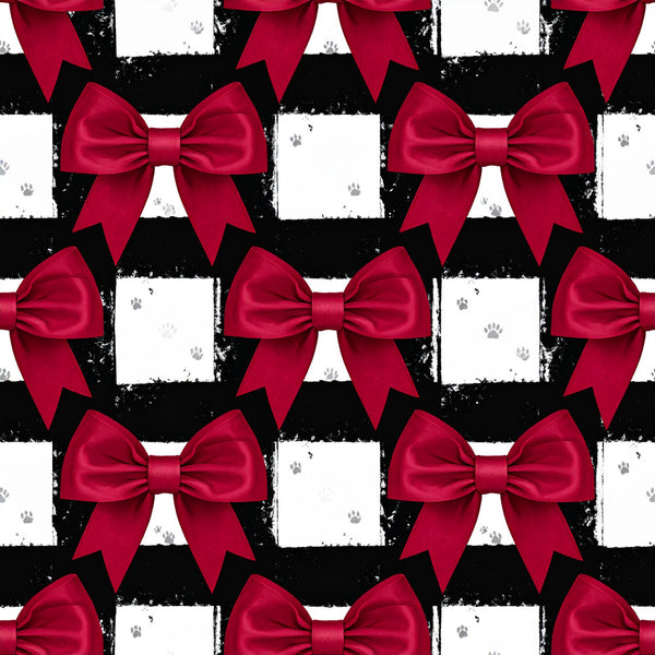 crimson red, hot pink, black and white, striped, geometric, bows, ribbons, paw prints, whimsical, elegant, festive, holiday, christmas, pet themed, animal prints, modern, decorative bows, gift worthy, playroom, kids room, nursery, feminine, cheerful, celebration, decorative pattern, texture contrast, sophisticated, charming
