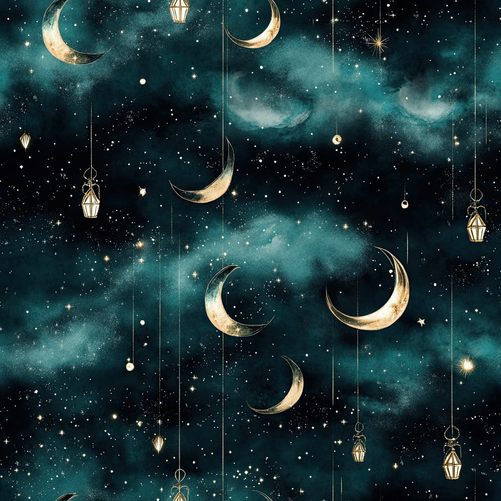 teal night sky, deep teal, navy blue, gold accents, celestial, stars, crescent moons, whimsical, dreamy, magical, moon and stars, hanging lanterns, night sky pattern, fantasy, elegant, mystical, bedtime, nursery, baby blanket, children's, sleep time, peaceful, enchanted, dark teal clouds, sparkly, glowing effect, moon phases