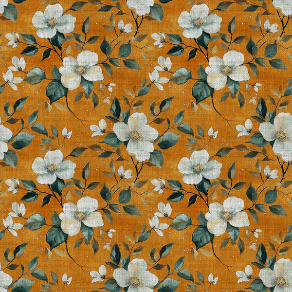 gold, mustard yellow, cream white, dark green, sage green, teal, floral, botanical, vintage, elegant, traditional, classic, white flowers, flowering branches, leaf pattern, nature, spring, summer, romantic, timeless, cottage core, garden theme, delicate florals, four petal flowers, botanical print, warm tones, nursery, home decor