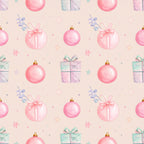blush pink, coral pink, soft pink, pale pink, mint green, lavender purple, gold accents, pastel colors, christmas ornaments, holiday, festive, gift boxes, bows, ribbons, stars, decorative elements, whimsical, elegant, feminine, soft, gentle, nursery, baby, children's, kids room, playroom, baby shower, gift giving, celebration, winter holiday