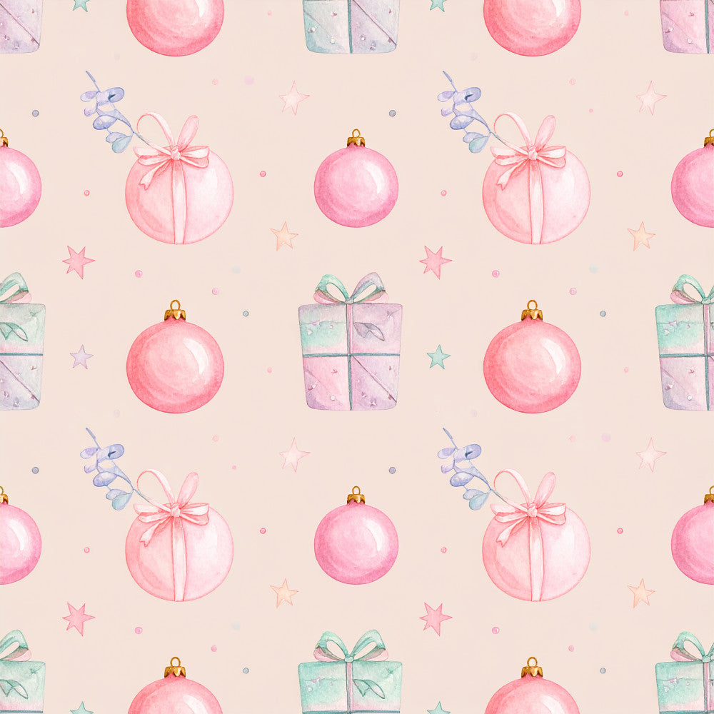 blush pink, coral pink, soft pink, pale pink, mint green, lavender purple, gold accents, pastel colors, christmas ornaments, holiday, festive, gift boxes, bows, ribbons, stars, decorative elements, whimsical, elegant, feminine, soft, gentle, nursery, baby, children's, kids room, playroom, baby shower, gift giving, celebration, winter holiday