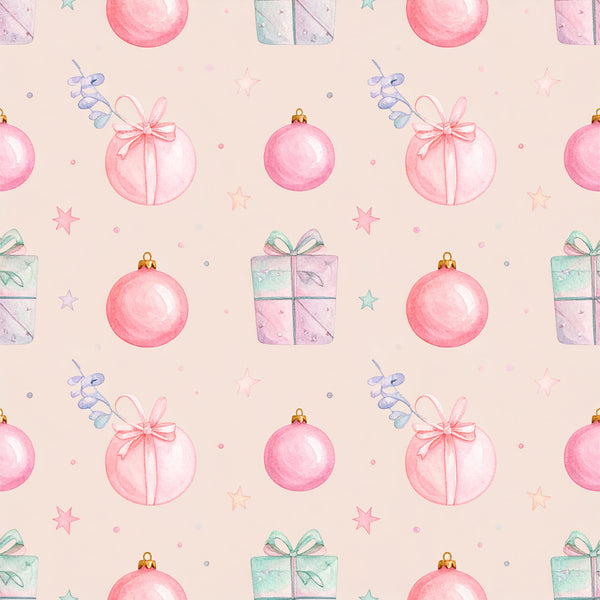 blush pink, coral pink, soft pink, pale pink, mint green, lavender purple, gold accents, pastel colors, christmas ornaments, holiday, festive, gift boxes, bows, ribbons, stars, decorative elements, whimsical, elegant, feminine, soft, gentle, nursery, baby, children's, kids room, playroom, baby shower, gift giving, celebration, winter holiday