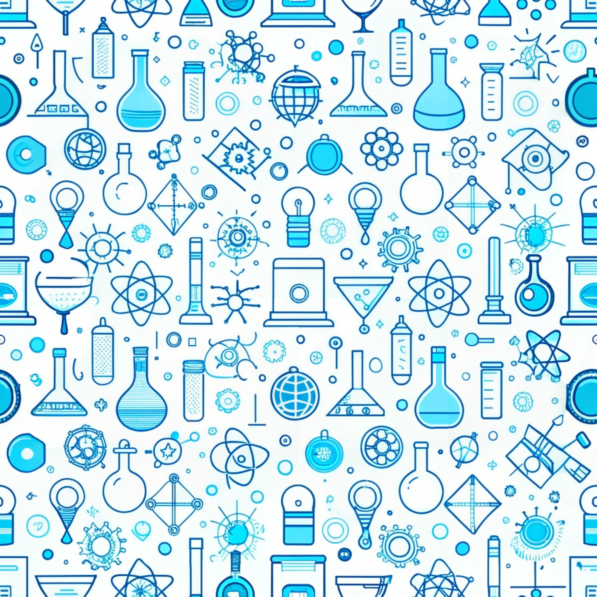 blue, white, turquoise, science icons, laboratory equipment, beakers, flasks, atoms, molecules, microscopes, test tubes, chemistry, physics, educational pattern, school theme, seamless repeat,, fabric panel, scientific symbols, back to school, stem design