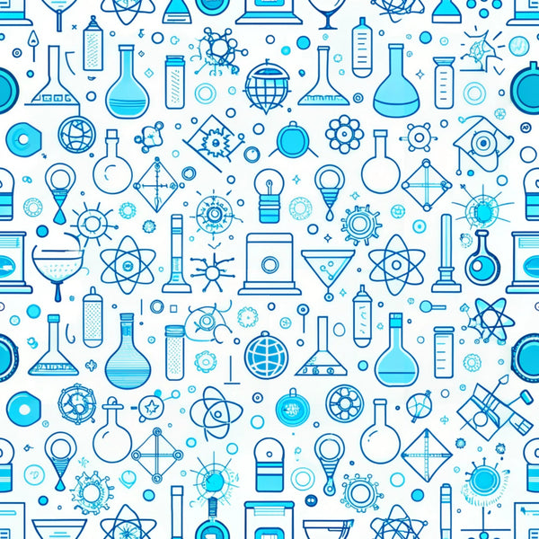 blue, white, turquoise, science icons, laboratory equipment, beakers, flasks, atoms, molecules, microscopes, test tubes, chemistry, physics, educational pattern, school theme, seamless repeat,, fabric panel, scientific symbols, back to school, stem design