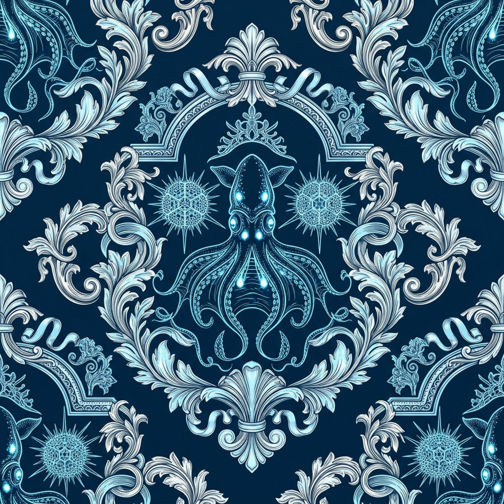 navy blue, deep teal, light blue, cyan, silver, white, ornate, baroque, damask, medallion, squid, octopus, sea creature, marine, nautical, vintage, elegant, ornamental, scrollwork, flourishes, radiating spikes, symmetrical, luxe, sophisticated, ocean theme, steampunk, decorative, intricate detail, whimsical sea life