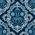 navy blue, deep teal, light blue, cyan, silver, white, ornate, baroque, damask, medallion, squid, octopus, sea creature, marine, nautical, vintage, elegant, ornamental, scrollwork, flourishes, radiating spikes, symmetrical, luxe, sophisticated, ocean theme, steampunk, decorative, intricate detail, whimsical sea life