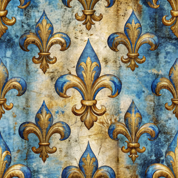 royal blue, gold, antique gold, cream, vintage, fleur de lis, ornamental, damask, baroque, french, elegant, traditional, regal, luxurious, distressed, aged, weathered, historical, palace, heraldic, decorative, classic, sophisticated, ornate, european, blue and gold, formal, timeless, grandeur, nobility