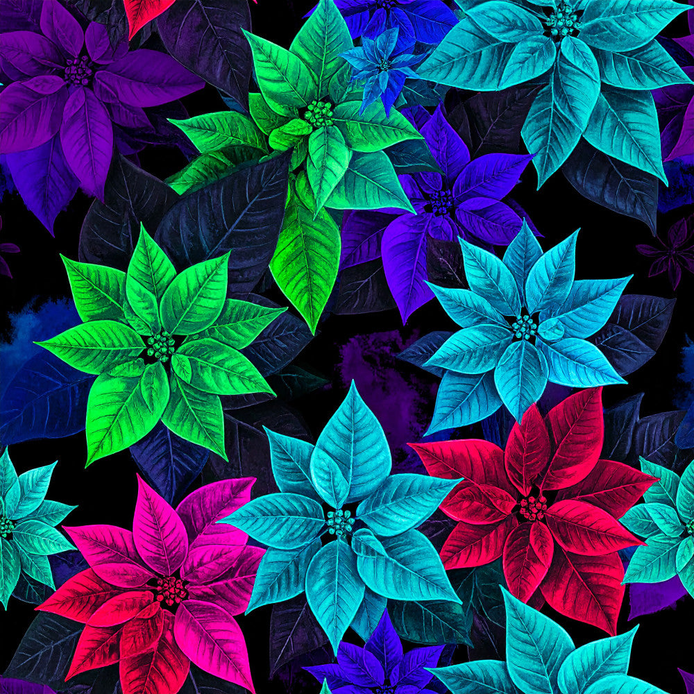 neon green, bright cyan, electric blue, magenta pink, red, purple, black, fluorescent, poinsettia, floral, nature, botanical, modern, vibrant, neon, glow-in-the-dark aesthetic, holiday, christmas, tropical, whimsical, playful, bold, colorful, star flowers, leaves, festive, contemporary, artistic, dark background, high contrast