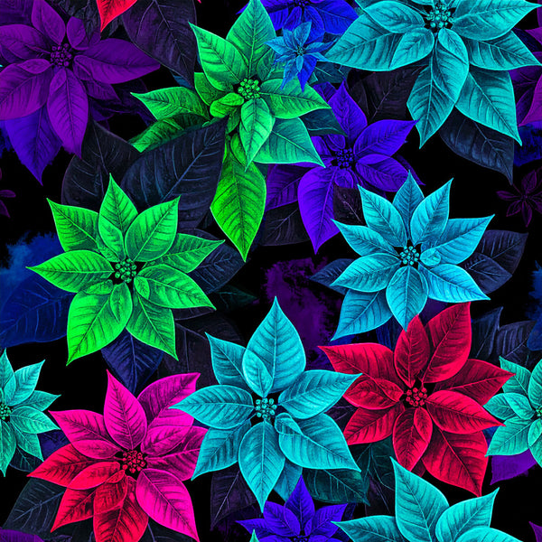 neon green, bright cyan, electric blue, magenta pink, red, purple, black, fluorescent, poinsettia, floral, nature, botanical, modern, vibrant, neon, glow-in-the-dark aesthetic, holiday, christmas, tropical, whimsical, playful, bold, colorful, star flowers, leaves, festive, contemporary, artistic, dark background, high contrast