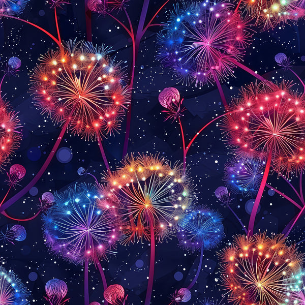 midnight blue, navy background, fireworks, colorful bursts, red fireworks, blue fireworks, purple fireworks, starry night, celebration, festive, radial patterns, explosive designs, patriotic colors, night sky, sparkles,, fabric panel, fourth of july, new year's eve, party theme