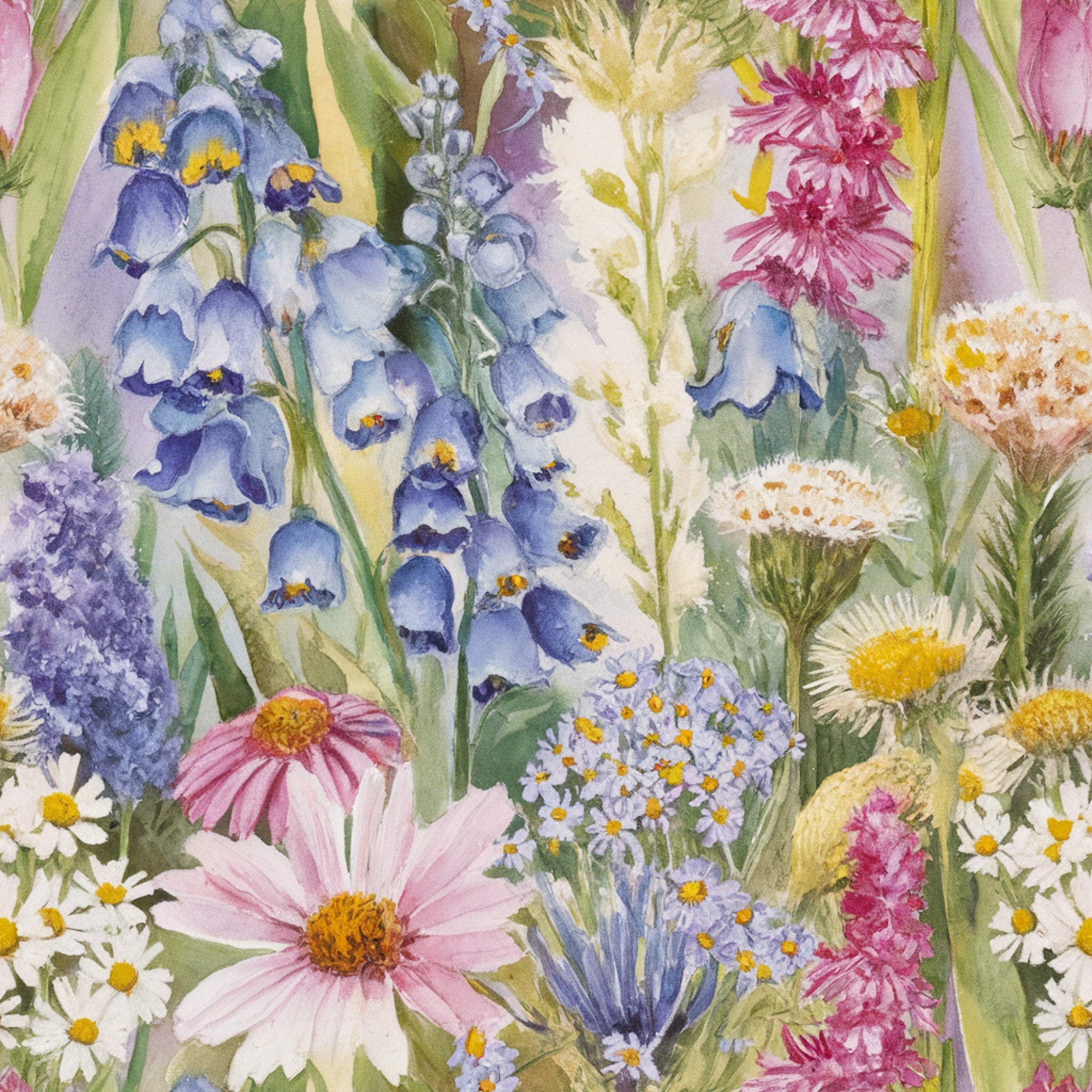 wildflower meadow, botanical illustration, watercolor style, pastel blues, soft pinks, sunny yellows, lavender purple, sage green, delicate petals, field flowers, nature scene,, fabric panel, whimsical florals, spring blooms, garden fantasy, artistic rendering, soft palette, floral motifs, cottage garden