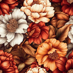 burnt orange, terracotta, cream, ivory, deep red, chocolate brown, coral orange, warm gold, vintage floral, botanical, full bloom flowers, peony, chrysanthemum, nature, garden, autumn, fall, elegant, romantic, traditional, botanical illustration, detailed petals, dense floral, layered blooms, warm tones, rustic elegant, cottage core, botanical garden, detailed florals