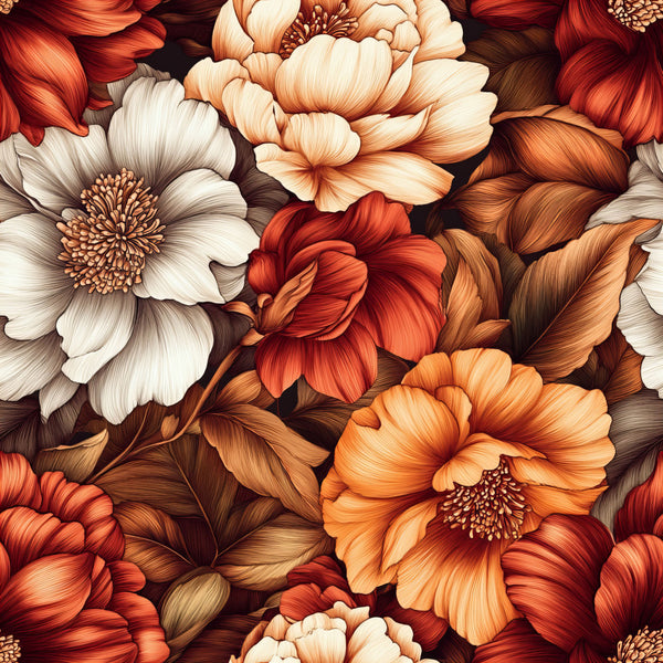 burnt orange, terracotta, cream, ivory, deep red, chocolate brown, coral orange, warm gold, vintage floral, botanical, full bloom flowers, peony, chrysanthemum, nature, garden, autumn, fall, elegant, romantic, traditional, botanical illustration, detailed petals, dense floral, layered blooms, warm tones, rustic elegant, cottage core, botanical garden, detailed florals