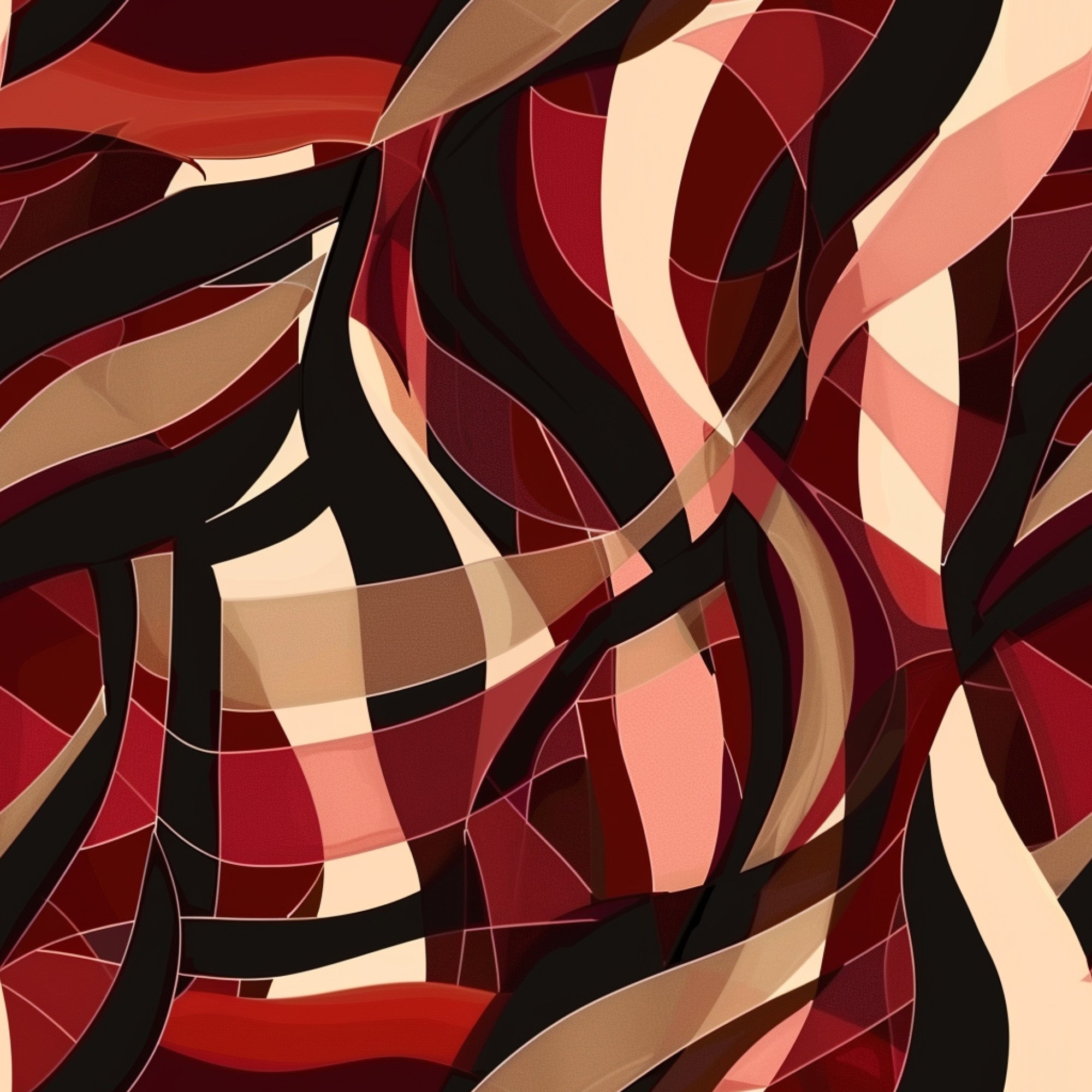 burgundy, abstract pattern, flowing ribbons, curved shapes, geometric design, red tones, cream accents, black stripes, brown shades, coral pink, interwoven bands, modern art style, dynamic movement,, fabric panel, contemporary design, layered elements, warm color palette, artistic swirls