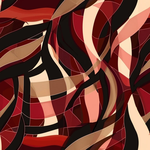 burgundy, abstract pattern, flowing ribbons, curved shapes, geometric design, red tones, cream accents, black stripes, brown shades, coral pink, interwoven bands, modern art style, dynamic movement,, fabric panel, contemporary design, layered elements, warm color palette, artistic swirls