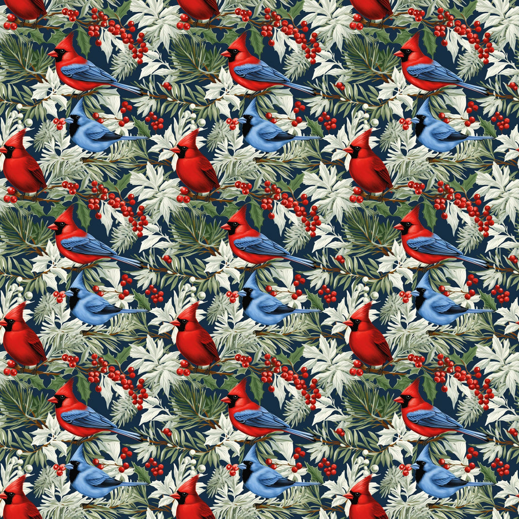 christmas cardinals, red birds, blue jays, winter birds, holly berries, pine needles, evergreen branches, botanical pattern, navy blue background, red cardinal, blue bird, green foliage, winter foliage, holiday fabric,, repeating pattern, nature motif, winter theme, bird illustration, festive design